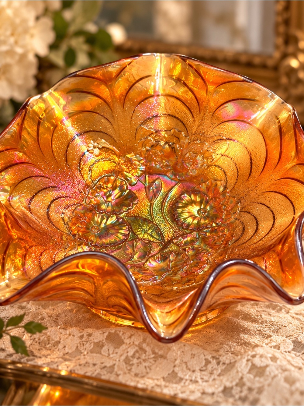 Vintage Marigold Carnival Glass Ruffled Bowl – Attributed to Fenton – Iridescent
